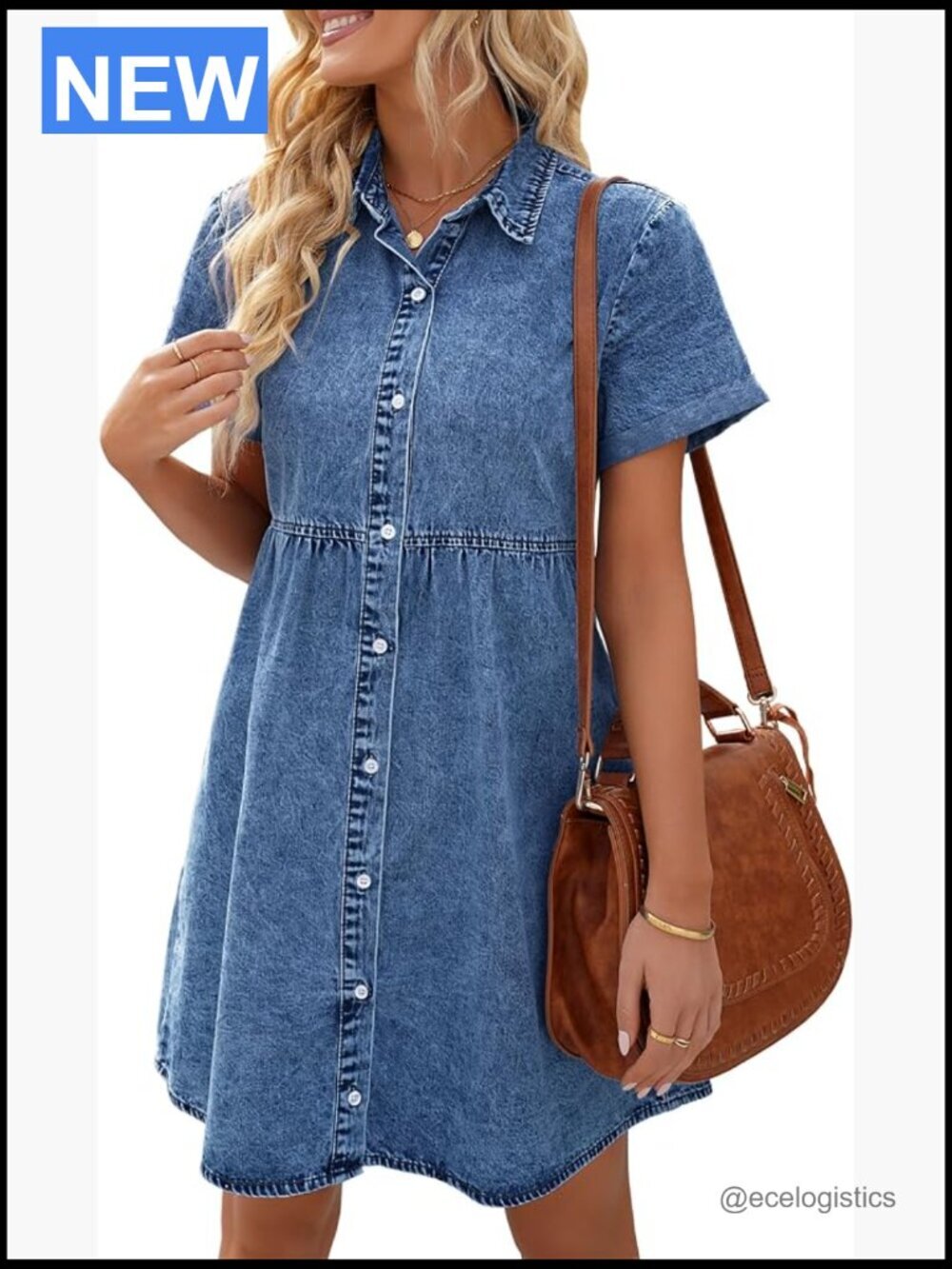 Women's Short Sleeve Button Down Flowy Tiered Babydoll Denim Dress